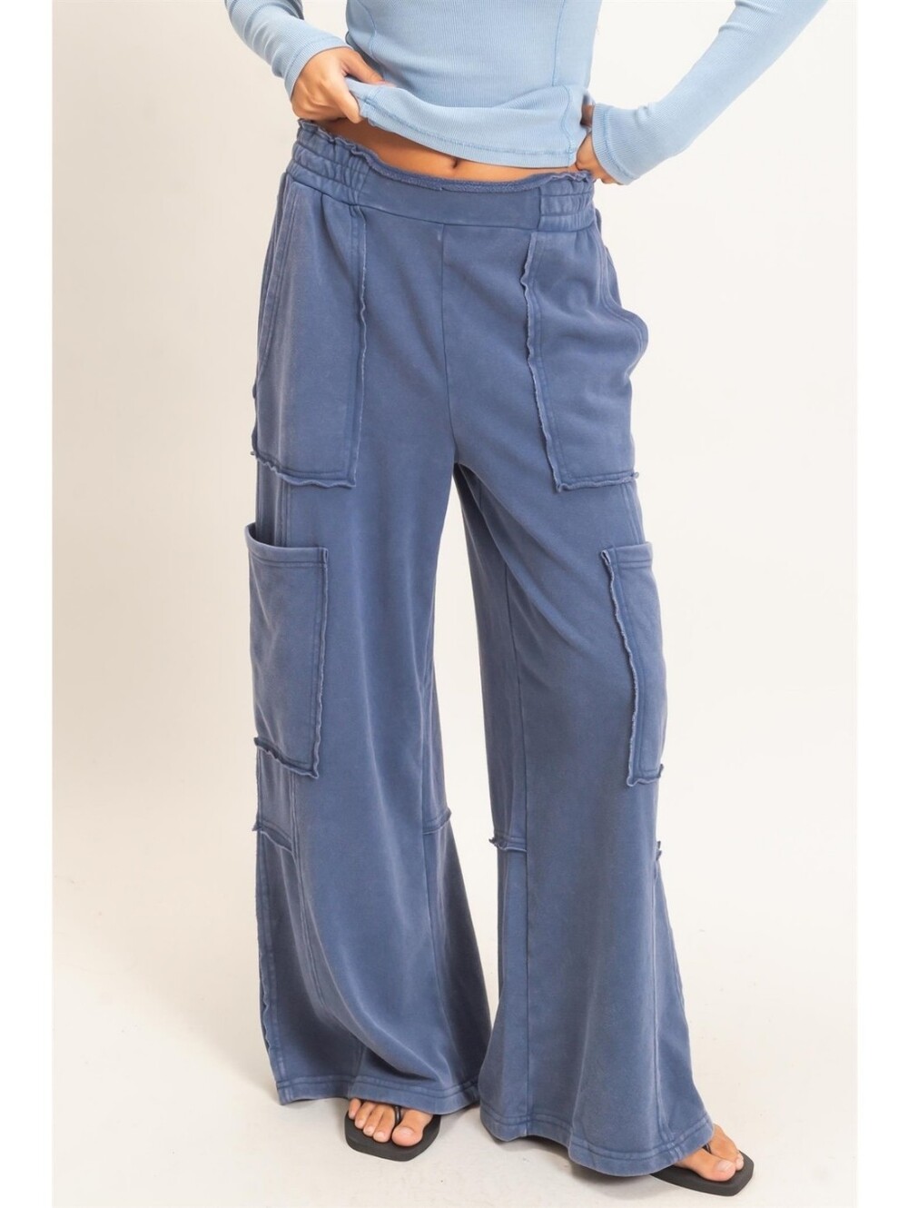 CloudDwellers Navy Blue Mineral Washed  Cotton Blend Wide Leg Cargo Sweatpants